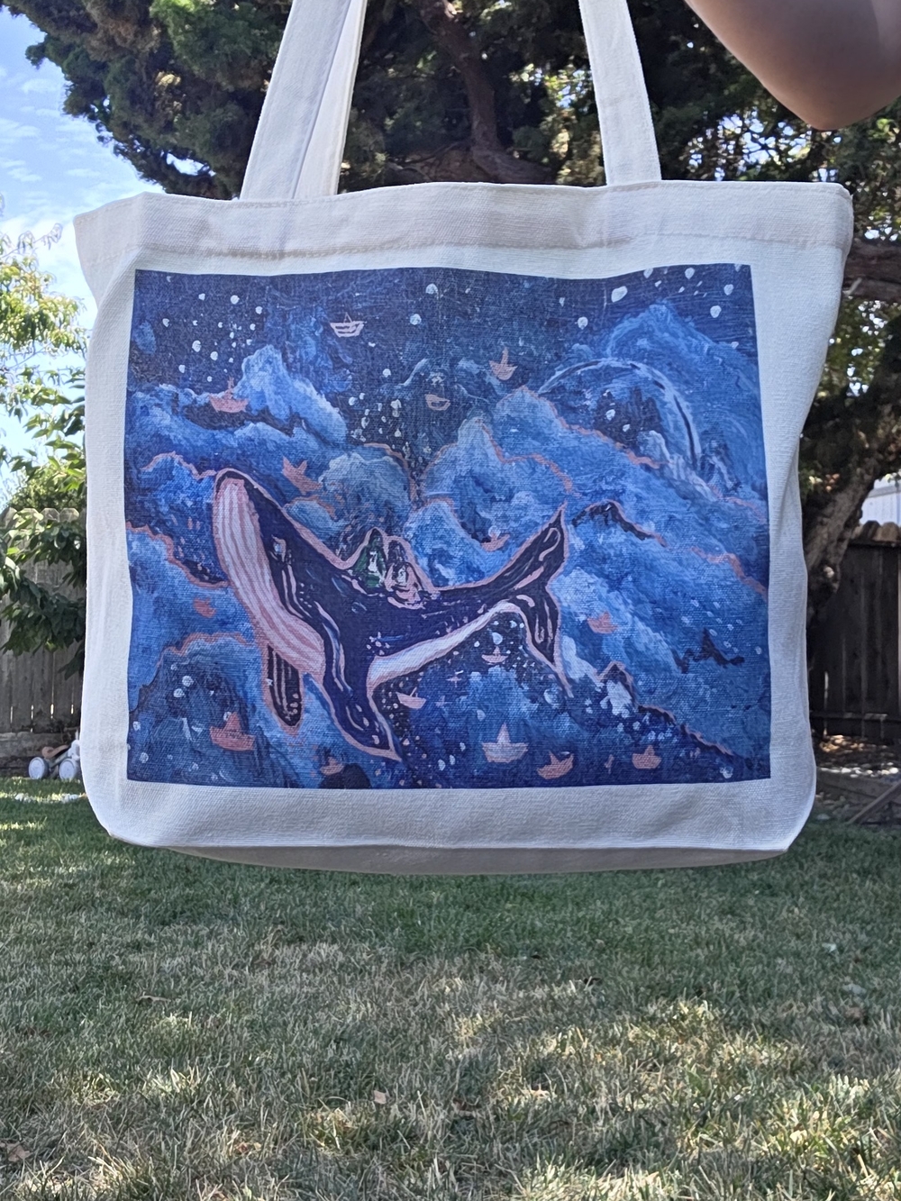 Canvas Tote Bag with Blue Whale Art Print